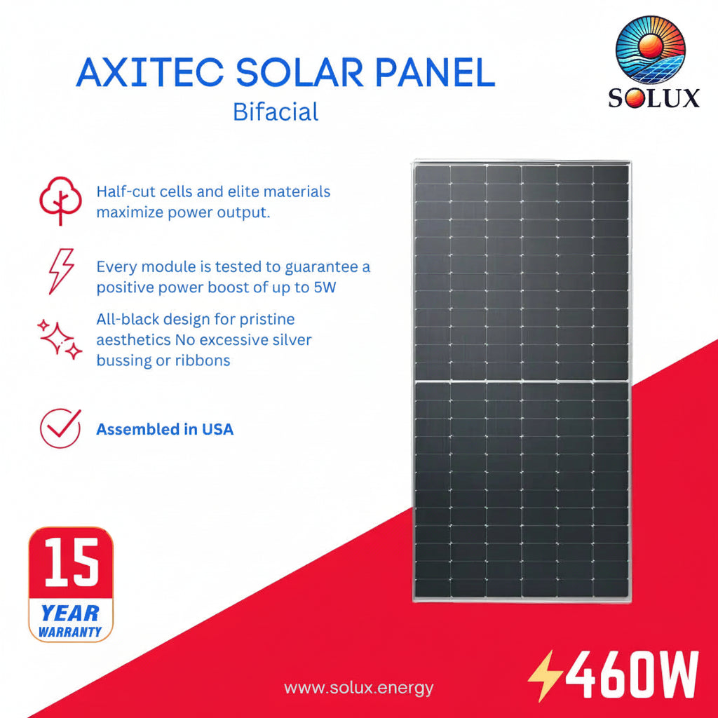 Axitec 550W Bifacial Solar Panels - USA Assembled infographic, showing features like half-cut cells and a 25-year warranty.